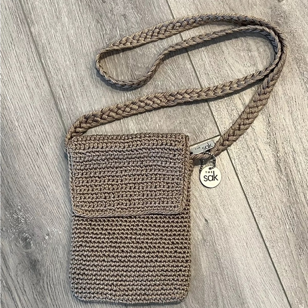 THE SAK Crocheted Shoulder Crossbody Purse Handbag Small Bag-  Taupe